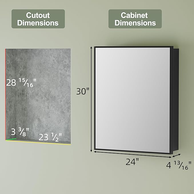 Buruis 24" x 30" Framed Medicine Cabinet with Mirror, Recessed or Wall Mounted Bathroom Cabinet, Adjustable Tempered Glass Shelves, Left/Right Open Reversible, No Assembly Required, Black