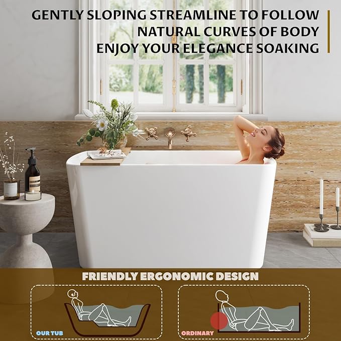 49" Acrylic Freestanding Soaking Bathtub, Matte Drain & Black Overflow, Modern Design Tub for Home Bathroom Renovations, Glossy White