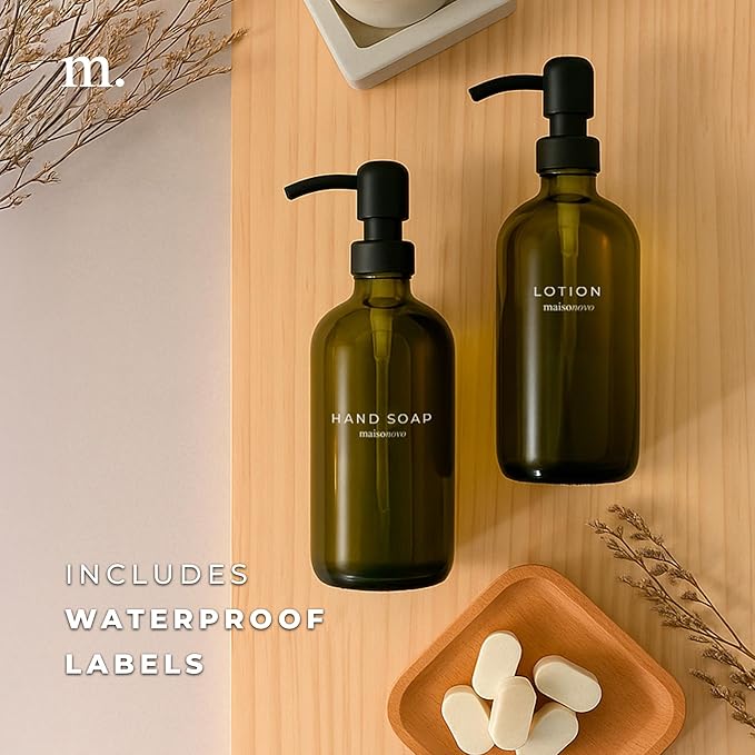 MaisoNovo Soap Dispenser 2-Piece Set | 16.9oz Green Bottles with Black Stainless Steel Pumps