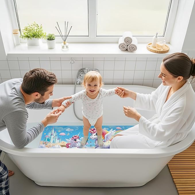 Upgrade Cartoon Baby Bath Mat Non Slip - 40"x16" Extra Long Bathtub Mat for Baby Eco Friendly Durable Bath Mat for Tub Non Slip Kids Tub Mat with Suction Cups, Machine Washable and No Fading, Unicorn