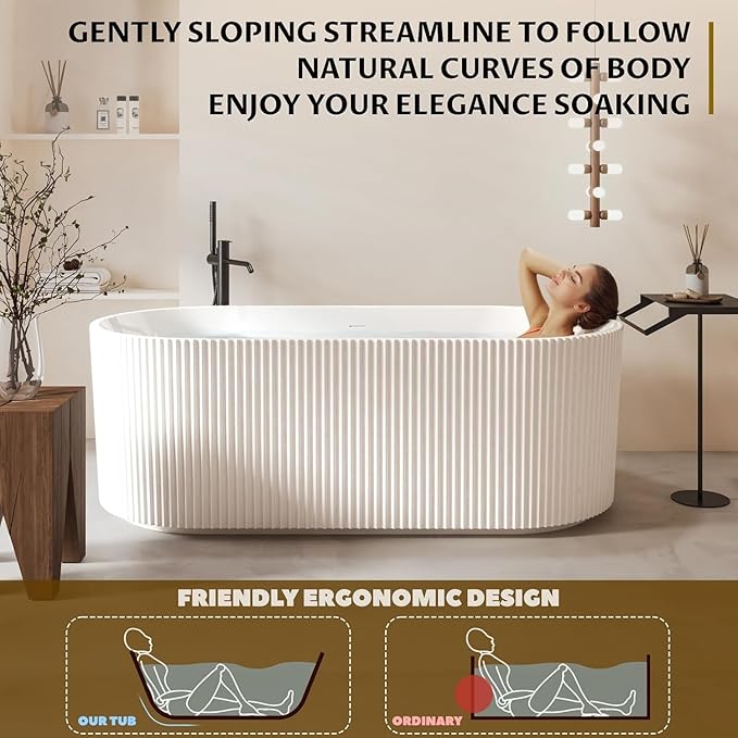 67" Free Standing Tub, Acrylic Soaking Bathtub, Stand Alone Freestanding Tub with Matte Sliver Drain and Overflow, Contemporary Bathtub for Bathroom, Pleated Gloss White