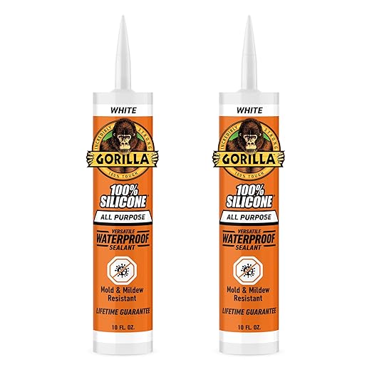 Gorilla Waterproof Caulk & Seal Silicone Sealant, 10oz Cartridge (Pack of 2) - White Caulking Sealant for Kitchen, Window, Bath, Marine, Door and More