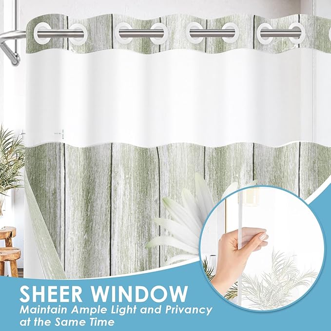 No Hook Daisy and Butterfly Shower Curtain with Snap in Fabric Liner Set, Green Rustic Farmhouse Double Layers Waterproof Fabric with See Through Top Window Open Grommet Bath Curtain 71x74 Inch