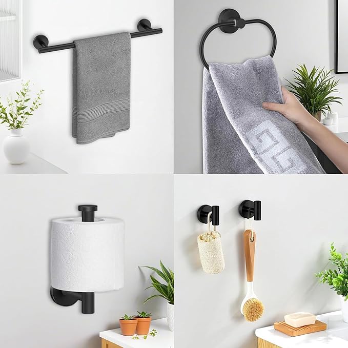 Black Bathroom Accessories Set, 7 Pieces Black Towel Bar Bathroom Hardware Set, 31.5 Inch Towel Racks for Bathroom, SUS304 Stainless Steel Bathroom Towel Holder Toilet Paper Holder Wall Mounted
