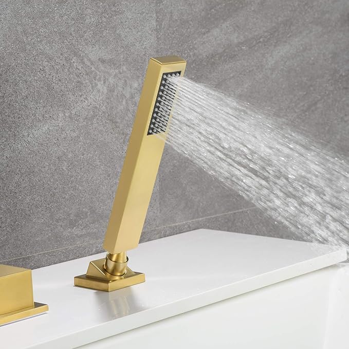 sumerain Waterfall Roman Tub Faucet with Hand Shower Brushed Gold Finish High Flow