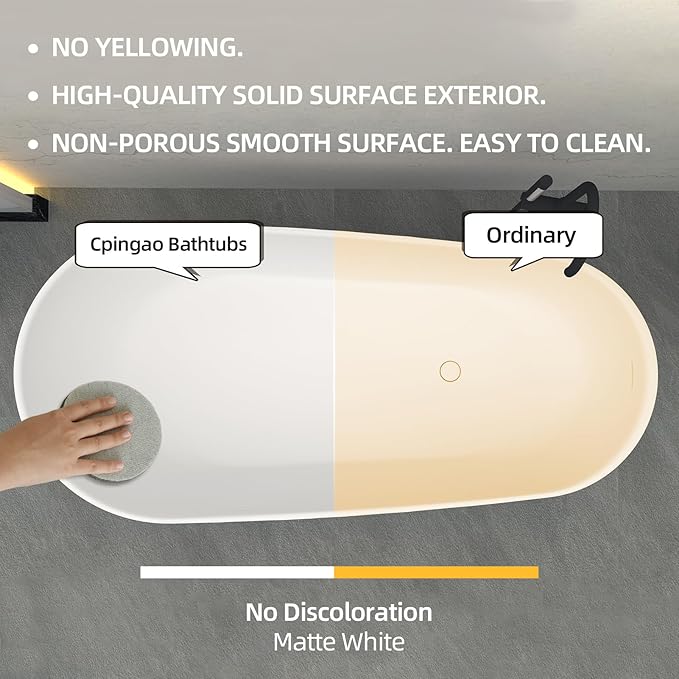 Cpingao Stone Resin Solid Surface 55" Oval Freestanding Bathtub, Modern Stand Alone Soaking Tub with Overflow and Pop Up Drain, One-Piece Molding Matte White 8828-1400