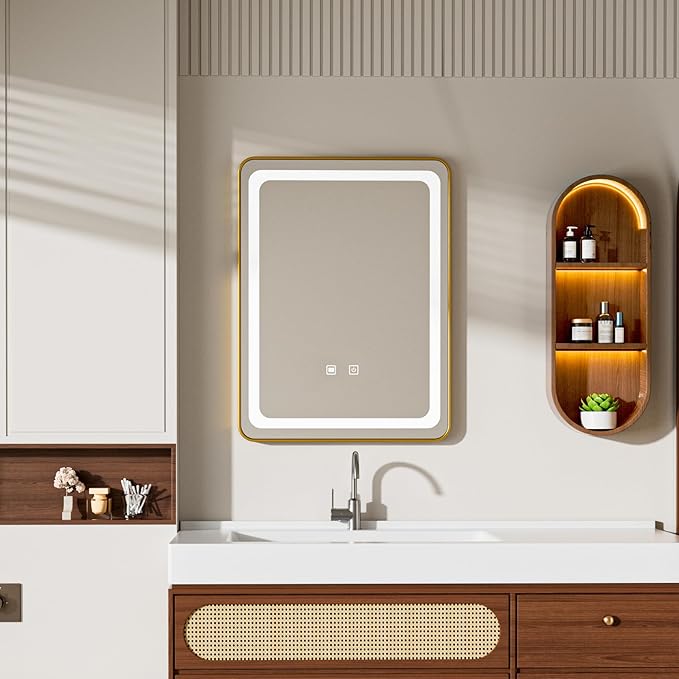 LED Bathroom Mirrors with Lights,24" x 36" Gold Square LED Mirror for Bathroom,Fogless,3 Colors Dimmable, Touch Sensor