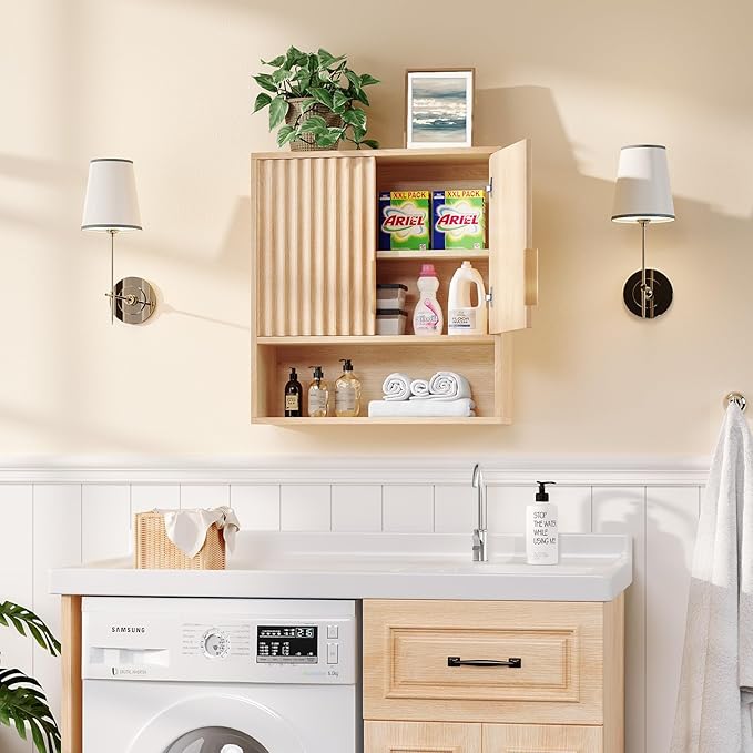 VINGLI Fluted Modern Medicine Cabinet,Bathroom Wall Cabinet Over Toilet Storage, Upper Floating Countertop Storage for Bathroom, Laundry Room,Small Hanging Kitchen Wall Cabinets (Natural Oak Color)
