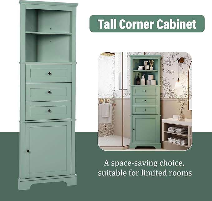 Favfurish 69" Tall Corner Cabinet with Door and 3 Drawers,Modern Bathroom Storage Cabinets w/Adjustable Shelves,Freestanding Organizer for Bathroom,Kitchen,Living Room,Dining Room,Green