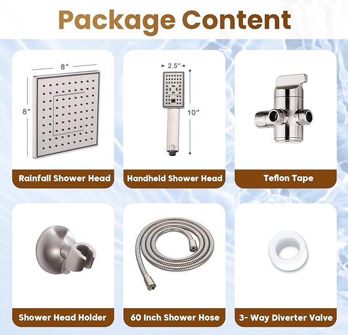 BRIGHT SHOWERS Rain Shower Head with Handheld Spray, 8 Inch Rainfall Shower Head Combo with 60" Hose, Adjustable Dual Square Showerhead Set with 3-Way Diverter, Wall Bracket, Brushed Nickel