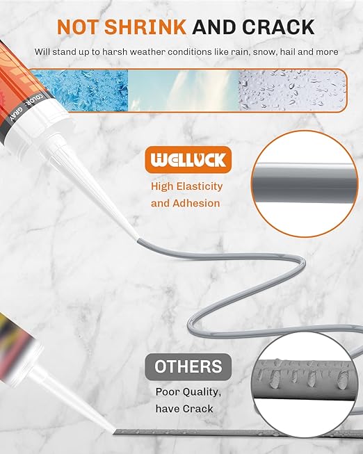 WELLUCK Grey Silicone Caulk, 100% Waterproof Silicone Sealant Adhesive Caulking,for RV, Kitchen,Bathroom, Window, Door, Glass,10.2FL.OZ/300ML（4 Pack）