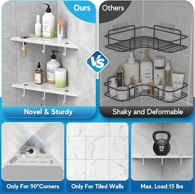 Corner Shower Shelves, 10" White 304 Stainless Steel Recessed Shelf for Bathroom，Grout in Shelf with Hooks for Tiled Wall 2 Pack (White)