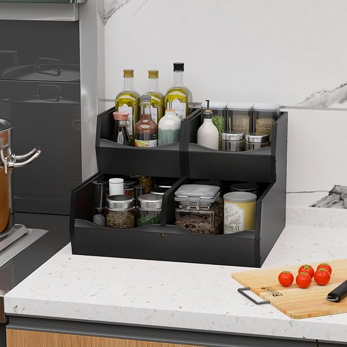 3 Set Bamboo Pantry Organizers and Storage, Open Front Vegetable Fruit Seasonings Stackable Storage Bins, Rustic Stacking Storage Bins for Pantry, Office, Bedroom, Kitchen Counter Organizer (Black)