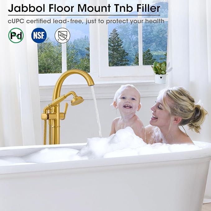 Free Standing Tub Faucet, Jabbol Luxury Freestanding Bathtub Faucet with Sprayer, Brass Bathroom Floor Mount Tub Filler, Brushed Gold (JB-8811BG)