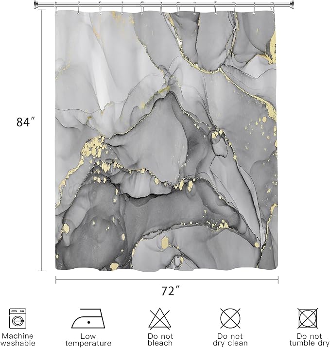 Extra Long Shower Curtain 72 x 84 Inch, Grey Tall Abstract Marble Shower Curtains for Bathroom, Modern Luxury Art Decor Ink Texture Fabric Shower Curtain Set with Hooks