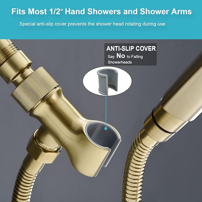 Shower Head Holder All Metal Adjustable Handheld Shower Arm Mount, 1/2" Shower Hose Holder Fits Most Hand Showerheads, Brass Hand Held Shower Head Holder , Easy to Install(Brushed Gold)