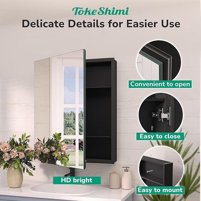 TokeShimi 48x24 Bathroom Medicine Cabinet with Mirror Tempered, Aluminum Black Mirrored Medicine Cabinet Recessed or Surface Mount with Adjustable Storage Metal for Modern Farmhouse