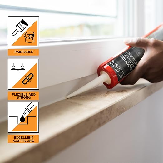 Adhesive Guru AG530 Siliconized Acrylic Sealant (24x10.5 fl oz), Waterproof Paintable Caulk for Bathtubs, Windows, Showers, Indoor Outdoor Caulking Weatherproof, White - 24 Pack