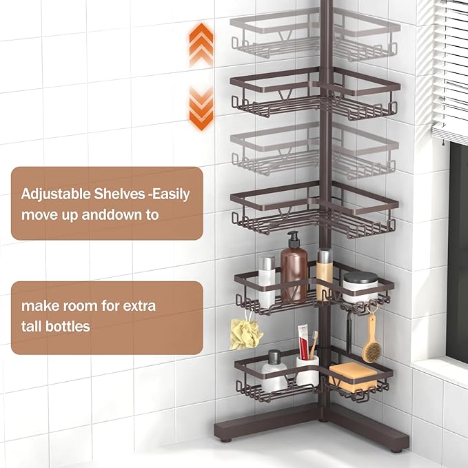 KEGII Floor Corner Shower Caddy Standing, Rustproof 4-Tier Shower Shelf Organizer with Hooks & Soap Holder, Free-Standing Bathroom Storage Rack for Shampoo & Toiletries, Bronze