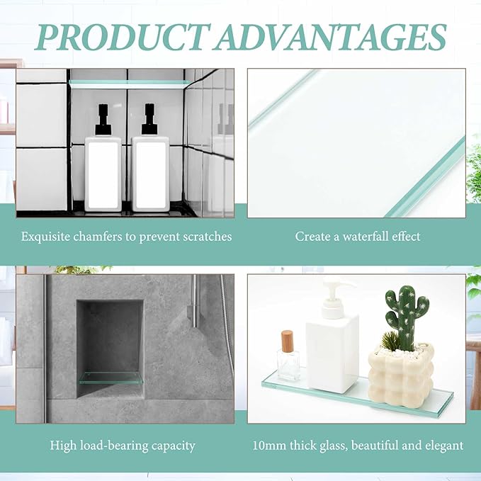 2 Pcs 13-5/8" X 4-1/4" X 3/8'' Thick Tempered Glass Shelf Clear Flat Polished, Flush-Mounted Floating Shelf for Bathroom Essentials & Shower Niche No Mounting Hardware Required