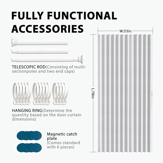 Accordion Door Curtain Set - 100% Blackout, with Curtain Rod Included, for Bedroom Privacy Protection (White-53 W x 78" L+Rod)