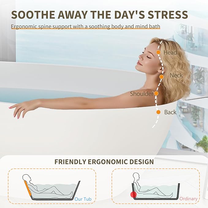 Abruzzo 59" Small Freestanding Bathtub Solid Surface - Egg Shape Stone Resin Soaking Tub with Overflow Drain, cUPC Certified Matte White, Compact Oval Tub for Limited Space Bathrooms