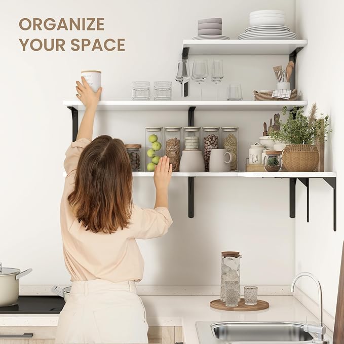 Fun Memories Floating Shelves for Wall, 12 Inch Deep Floating Shelves Set of 2, Wall Mounted Shelf with Metal Brackets, Rustic Wood Wide Shelf for Bathroom, Kitchen and Living Room, White, 32W x 12D