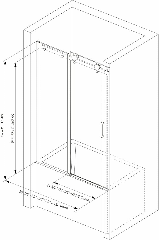 Sunrosa Semi-Frameless Tub Shower Door, 59-2/8"W 60" H Single Sliding Door With Tempered Glass 5/16"(8mm) for Bathtub in Brushed Gold