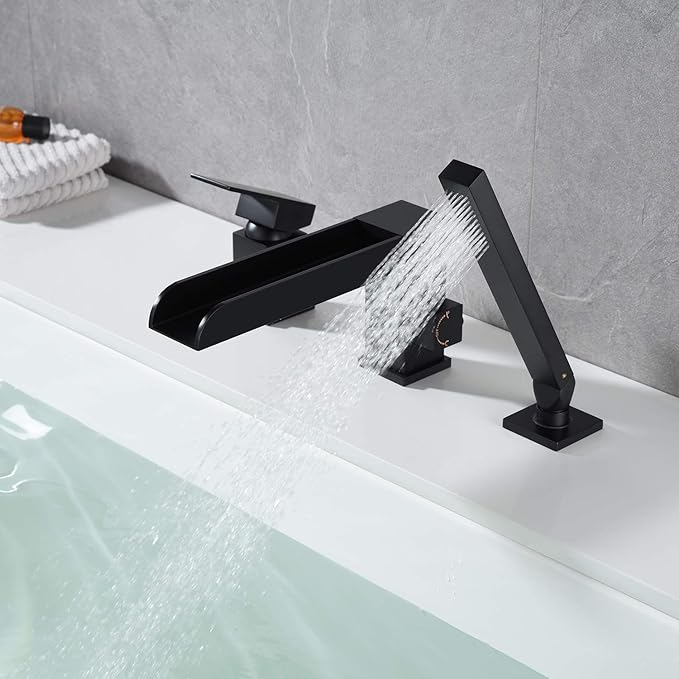Waterfall Roman Tub Faucets Deck Mount Black Bathtub Faucets Brass Tub Filler Bathroom Faucets with Hand Shower