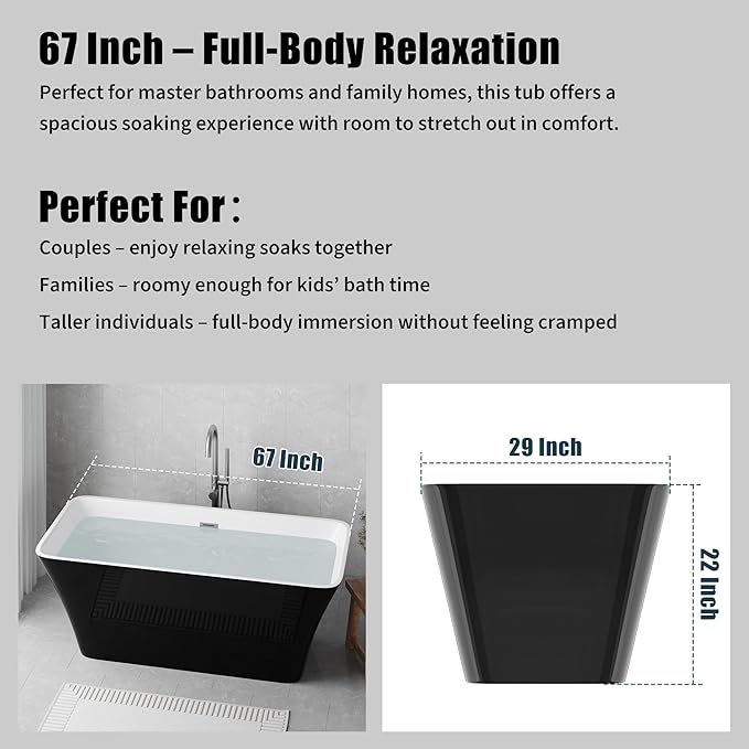 67" Acrylic Freestanding Bathtub - Glossy Black Rectangle Soaking Tub with Chrome Overflow & Drain Kit, CUPC Certified