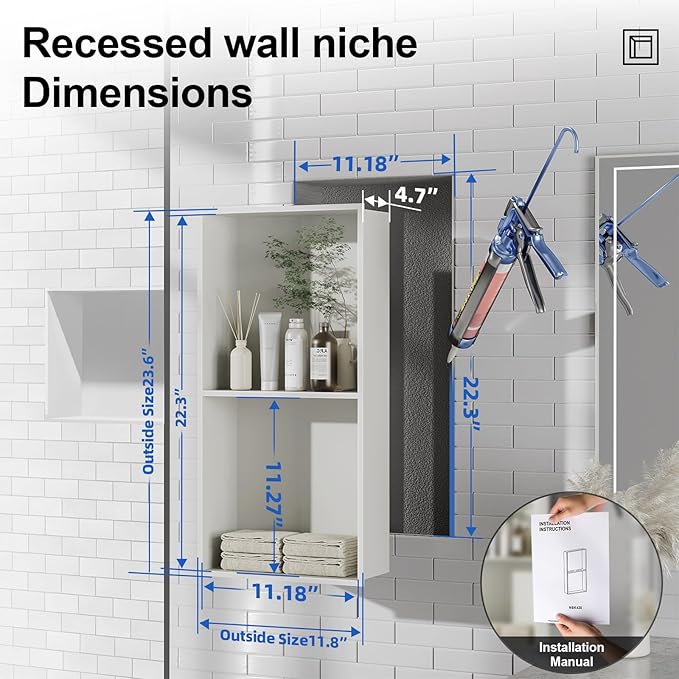 Bathbliss Shower Niche, No‑Tile Recessed Wall Niche, 11.18"x22.3" SUS304 Stainless Steel Double Shelf, Leak‑Proof Waterproof for Bathroom Storage, White