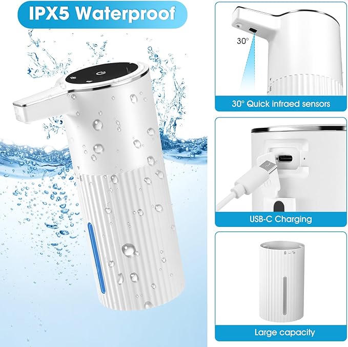 2 Pack Touchless Automatic Liquid Soap Dispenser, 13.5oz Smart Sensor Hand Wash Dispenser, USB Rechargeable & Adjustable for Bathroom Kitchen Sink, White Stripes