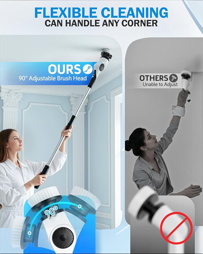 Electric Spin Scrubber, 3-Speed Cordless Shower Scrubber with 90° Adjustable & 10 Replaceable Brush Heads, 90 Mins Runtime & Full-Body IPX7 Waterproof Shower Cleaner Brush with Long Handle