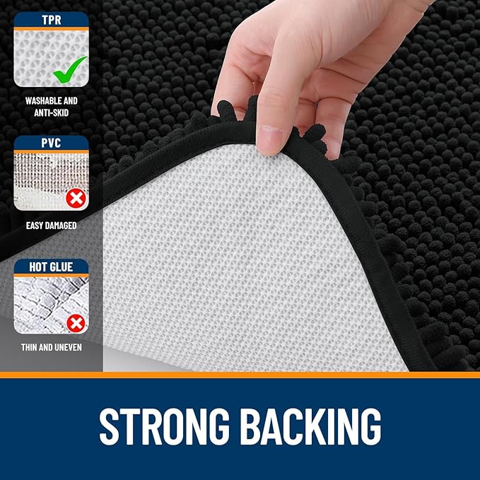 OLANLY Bathroom Rugs Sets 2 Piece, Soft Absorbent Chenille Bath Mats and U-Shaped Contour Toilet Rug, Non-Slip, Machine Washable Bath Carpet, Home Decor Accessories(24"x16"+24"x20", Black)