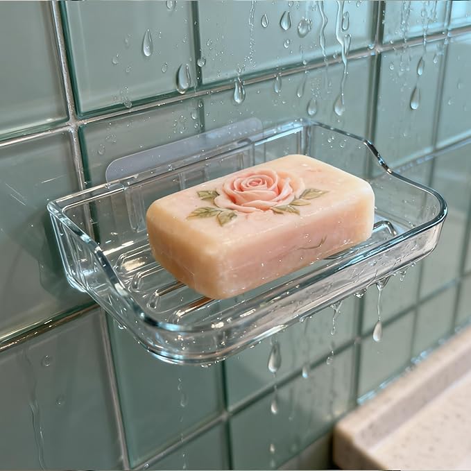 Soap Bar Holder for Shower Wall Mounted, Soap Dish Container Saver Strong Adhesive No Drilling for Bathroom Kitchen Sink, Clear