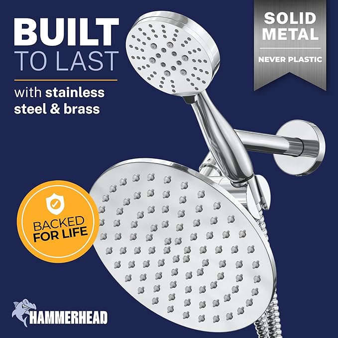 HammerHead Showers Dual Shower Head Combo, 8-Inch Rainfall & 3-Flow Handheld, Chrome, 2.5 GPM
