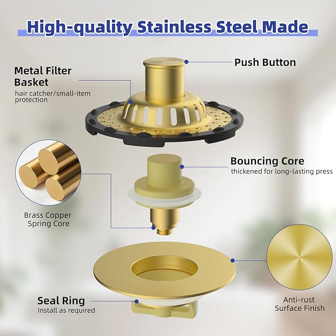 Metal 2 Pack Bathtub Drain Stopper with Top Hair Catcher, 3 in 1 Pop-up Bathtub Strainer, Tub Stopper with Detachable Stainless Steel Filter Basket for Standard 1.5 to 2.4'' Drain, Brushed Gold