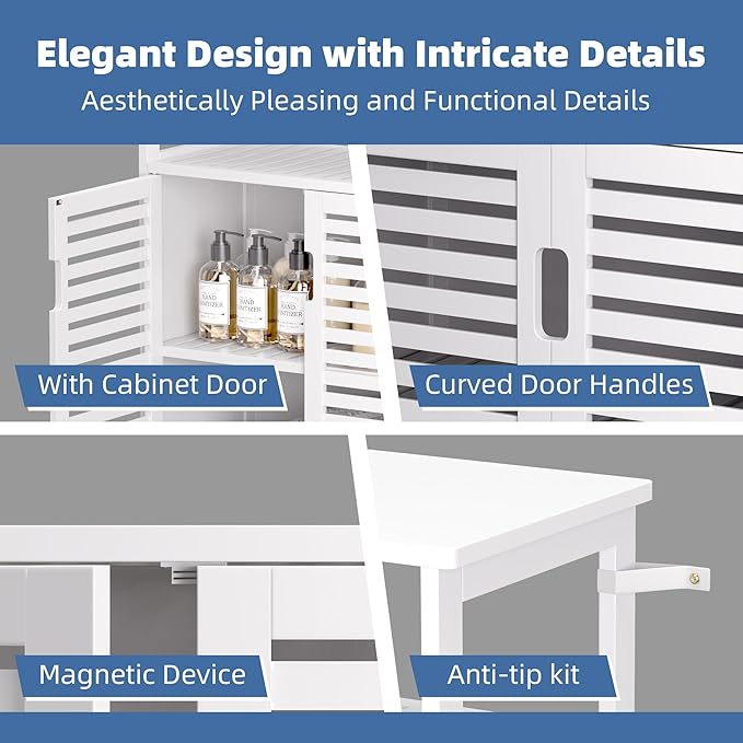HITNET White Bathroom Cabinet, Bamboo Storage Cabinet Freestanding, Side Tall Storage Organizer for Kitchen Living Room Entryway