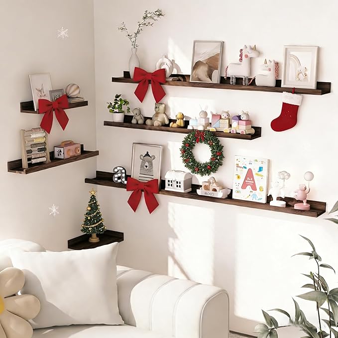 Heimlove Picture Ledge Shelf, Floating Shelves Set of 2, 24 Inches Picture Shelf for Wall with Ledge, Kids Bookshelf Wall Mounted for Living Room Bedroom Decor Books Photo Frames - Walnut