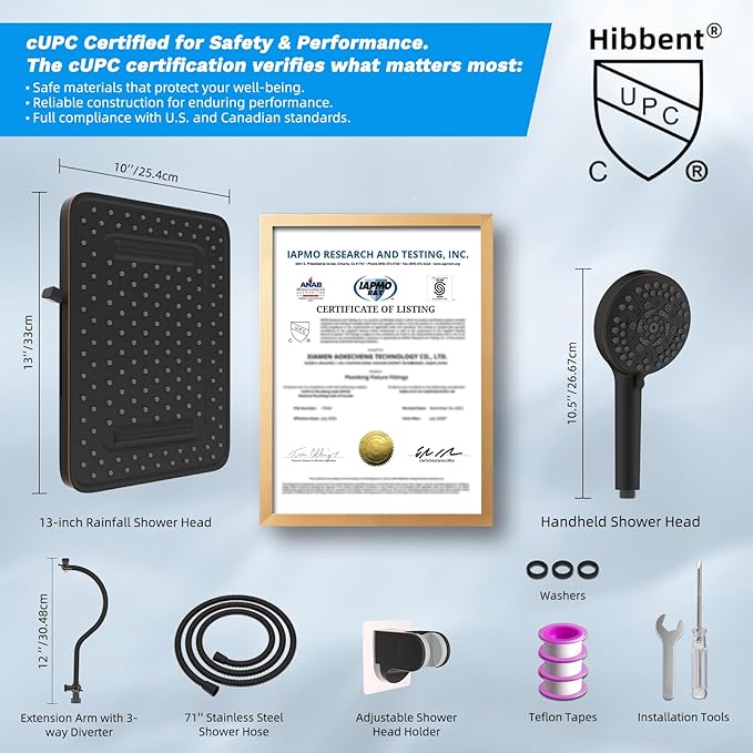 Hibbent cUPC Certified High Pressure 13'' Dual Shower Head Combo with 10-mode Handheld Spray, Rainfall 5-spray Shower Head, 12'' Adjustable Extension Arm, 71'' Hose, Shower Holder, Oil Rubbed Bronze