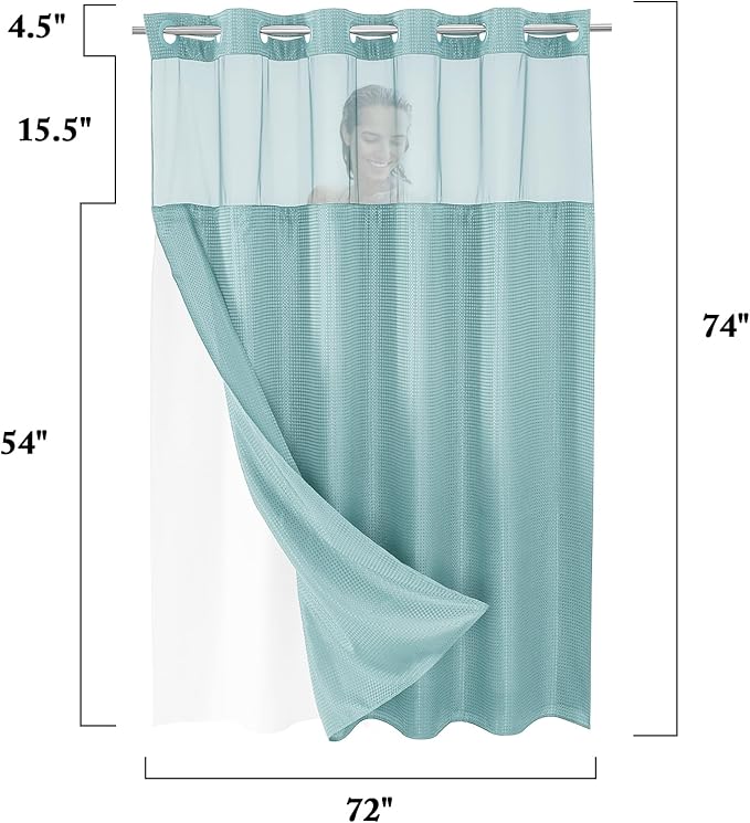 Gibelle No Hook Waffle Weave Shower Curtain with Snap-in Fabric Liner Set for Bathroom, Hotel Style with Mesh Top Window, Waterproof & Washable, Teal, 72x74