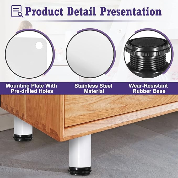 7 Inch Metal Furniture Legs Stainless Steel Adjustable Legs White Metal Legs Round Cabinet Legs for Coffee Table Cabinet Desk Sofa Shelves, Pack of 4