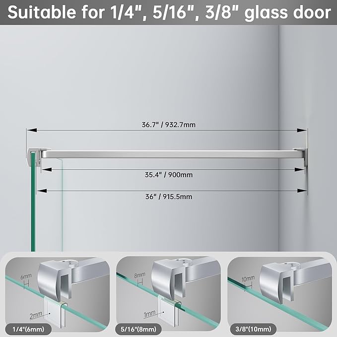 Frameless Shower Door Support Bar, Stainless Steel Wall-to-Glass Support Arm to Fixed Shower Glass Panel, for 1/4"-3/8" (6-10 mm) Door, 180° Pivot & Stow-Flat Mode (Brushed Nickel, 35.4-inch(900mm))