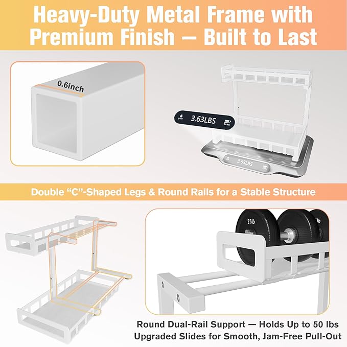 Under Sink Organizer, Metal Large Capacity 2-Tier Sliding Cabinet Storage Rack, Heavy-Duty Rust-Resistant Steel Frame, Holds 50 lbs, Adjustable Height 12–16", 14"D x 11"W for Kitchen & Bathroom, White