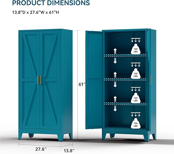 Metal Cabinets with Barn Doors and Adjustable Shelves,61" Tall Storage Cabinet,4-Tier Storage Cupboard for Kitchen,Dining Room,Garage,Bathroom,Blue