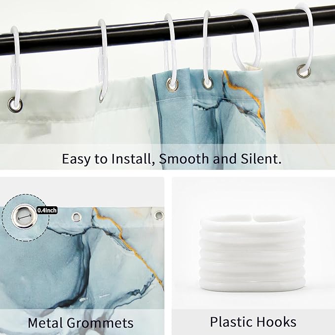 Gibelle Long Fabric Shower Curtain 72 x 78, Tall Abstract Grey Blue Marble Shower Curtain, Modern Ink Art Waterproof Fabric Shower Curtain Set with Hooks