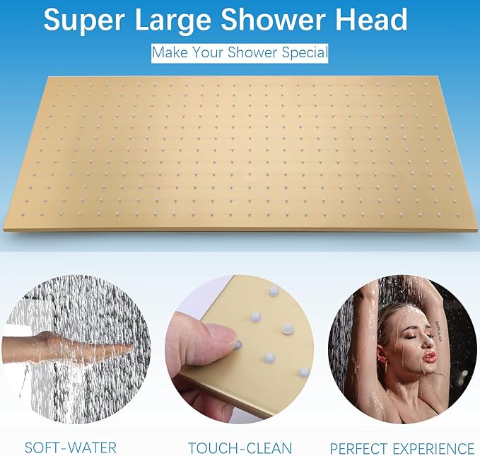 Brushed Gold Rain Shower System Thermostatic Bathroom Faucet Set 16X32 Inch Ceiling Mount Shower Head Set Complete With Thermostatic Control Valve Use All In One