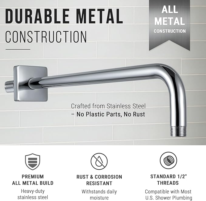 G-Promise All Metal 15.2-Inch Shower Arm with Flange, Wall-Mounted Stainless Steel 90 Degree Shower Extension Pipe Replacement for Fixed Shower Heads, Chrome