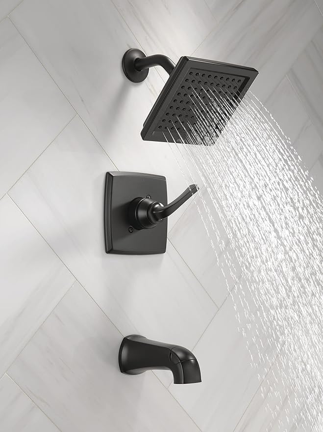Delta Geist 14 Series Square Bathtub and Shower Faucet Set, Matte Black Shower Head and Handle Set, Valve Trim Kit, Matte Black 144864-BL (Valve Included)