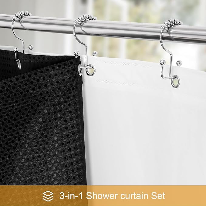 3 in 1 Long Shower Curtain Set-72 W x 78 H, Black Waffle and PEVA Liner Set with 12 Stainless Steel Hooks, Waterproof Fabric for Bathroom